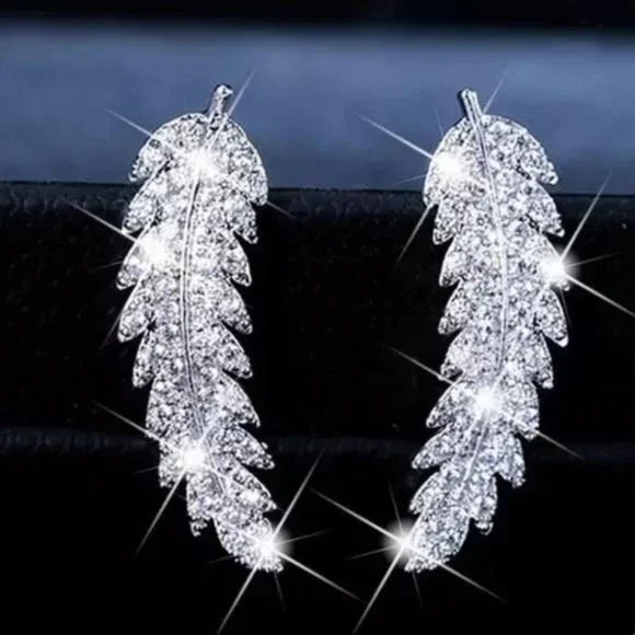 NEW DIAMOND 925 STERLING SILVER LEAF EARRINGS - Picture 5 of 5